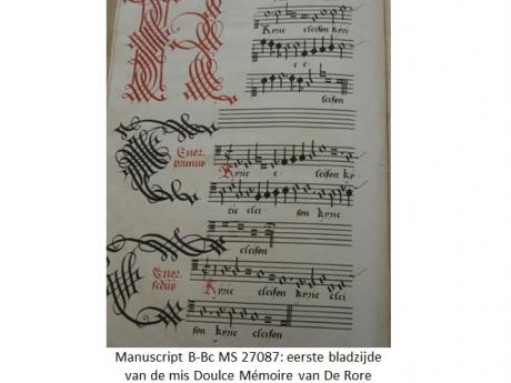 Manuscript B-Bc MS 27087 eerste bladzijde van de mis Doulce Mémoire van De Rore (Conservatorium Brussel)